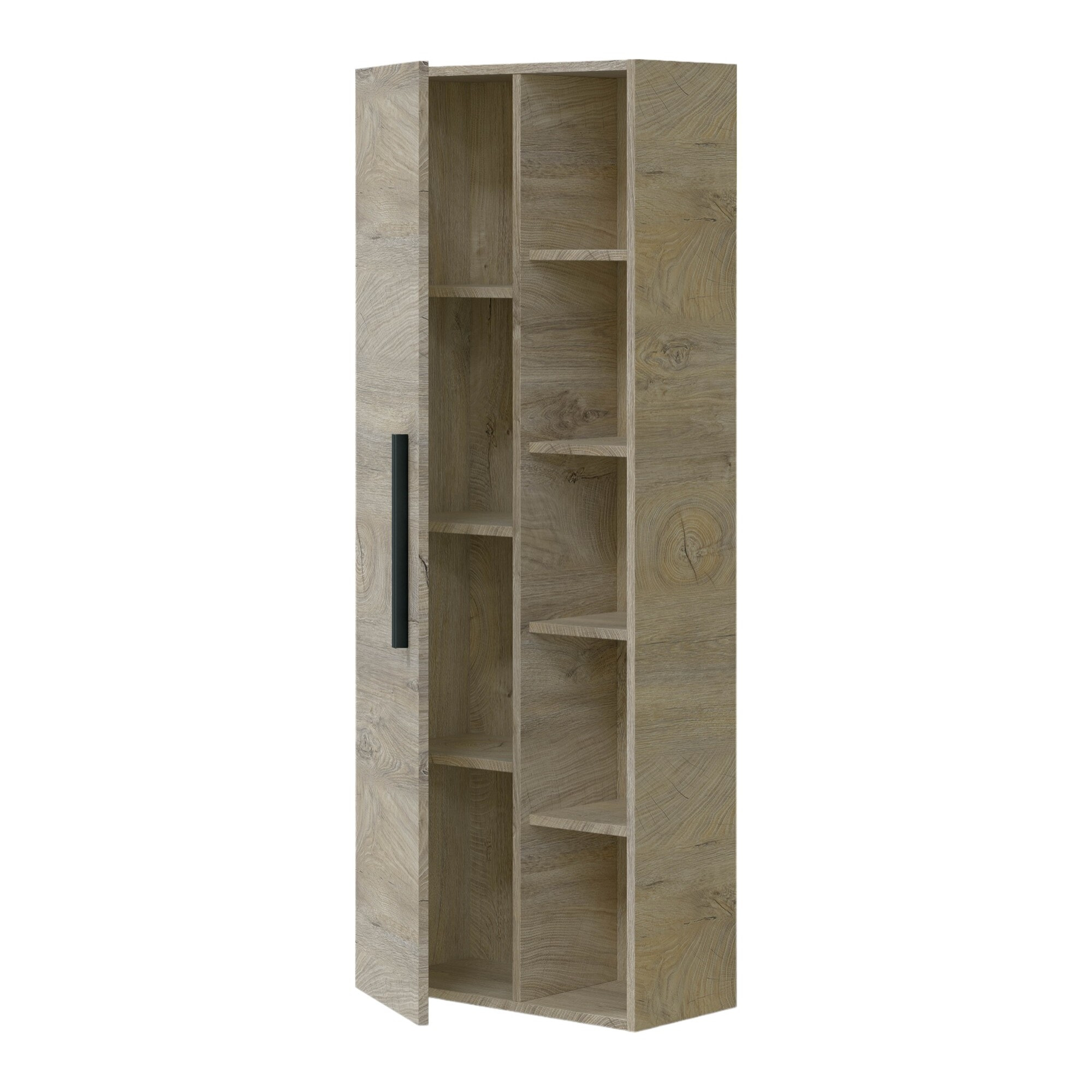 Mobile colonna Achisa, Mobile per bagno a 1 anta, Armadio pensile sospeso con 5 ripiani, 51x25h135 cm, Rovere