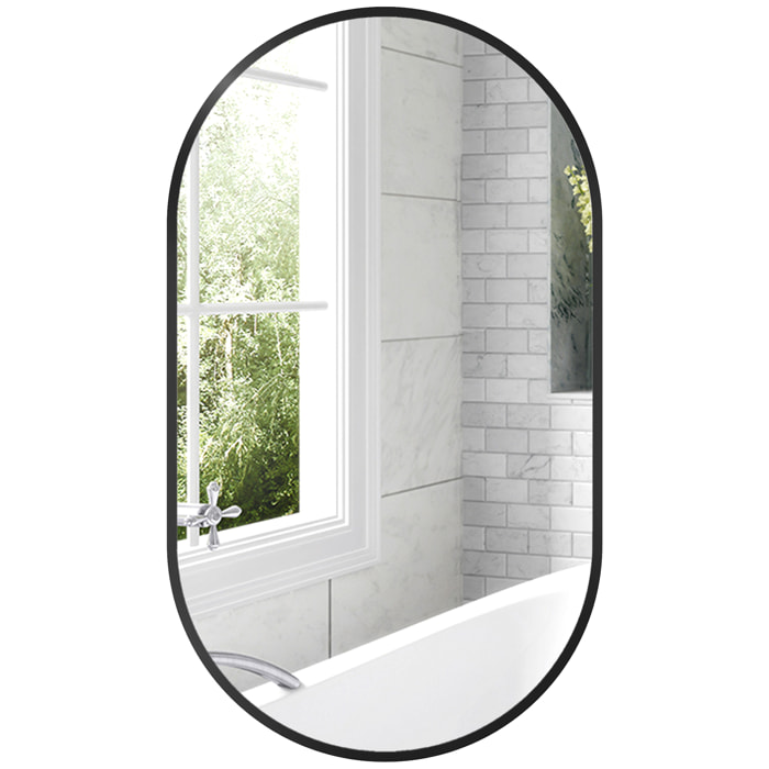 Miroir mural ovale dim. 40L x 70H cm cadre arrondi montage vertical/horizontal alu. noir