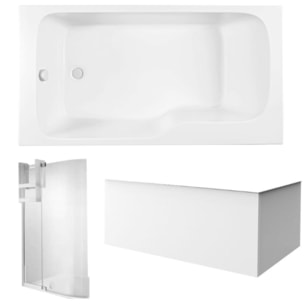 Pack baignoire bain douche 170 x 90 Malice version gauche + tablier en angle + pare bain + étagère pour pare bain