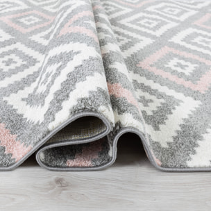 Tavla - tapis de salon en laine artificielle motif graphique rose et gris