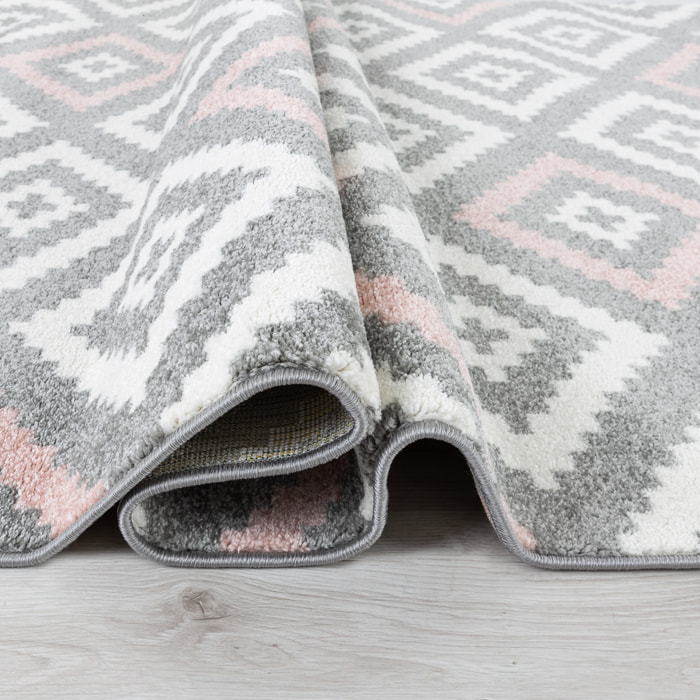 Tavla - tapis de salon en laine artificielle motif graphique rose et gris