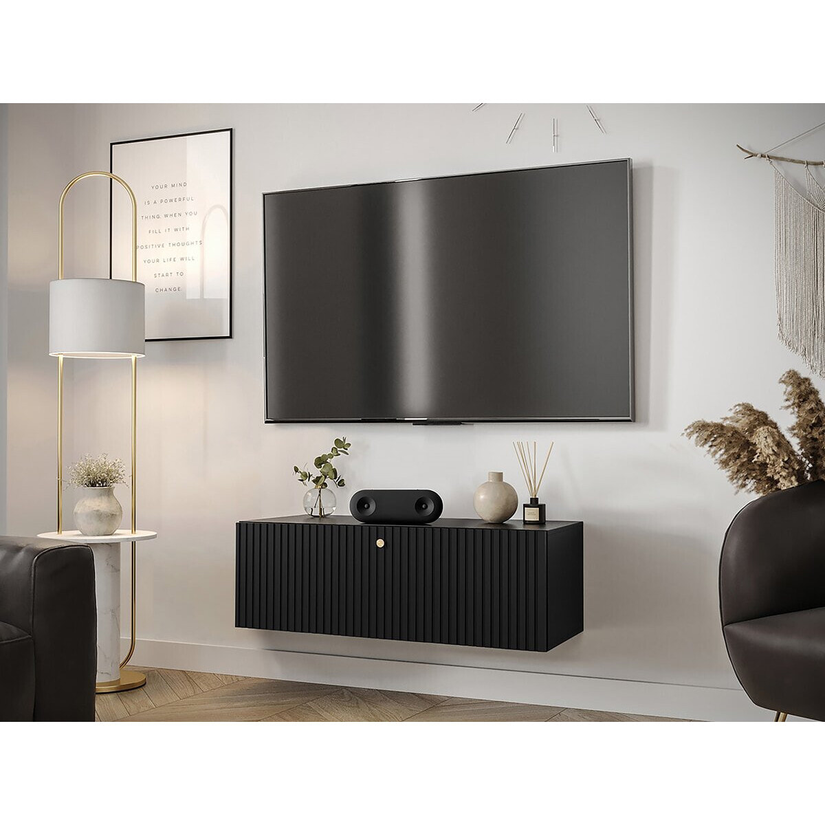 Meuble TV Suspendu "Waldi Riflo" - 100 x 34 x 40 cm - Noir