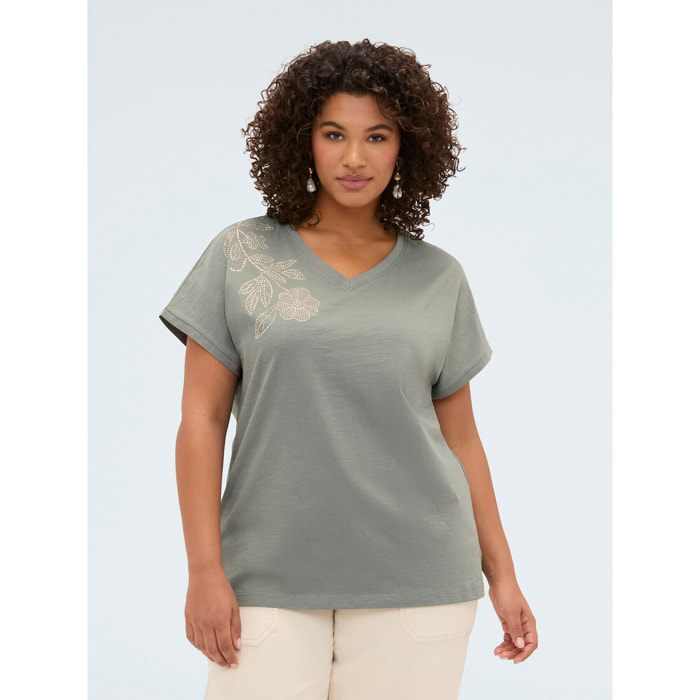Fiorella Rubino - Camiseta de algodón con aplicación floral - Verde militare