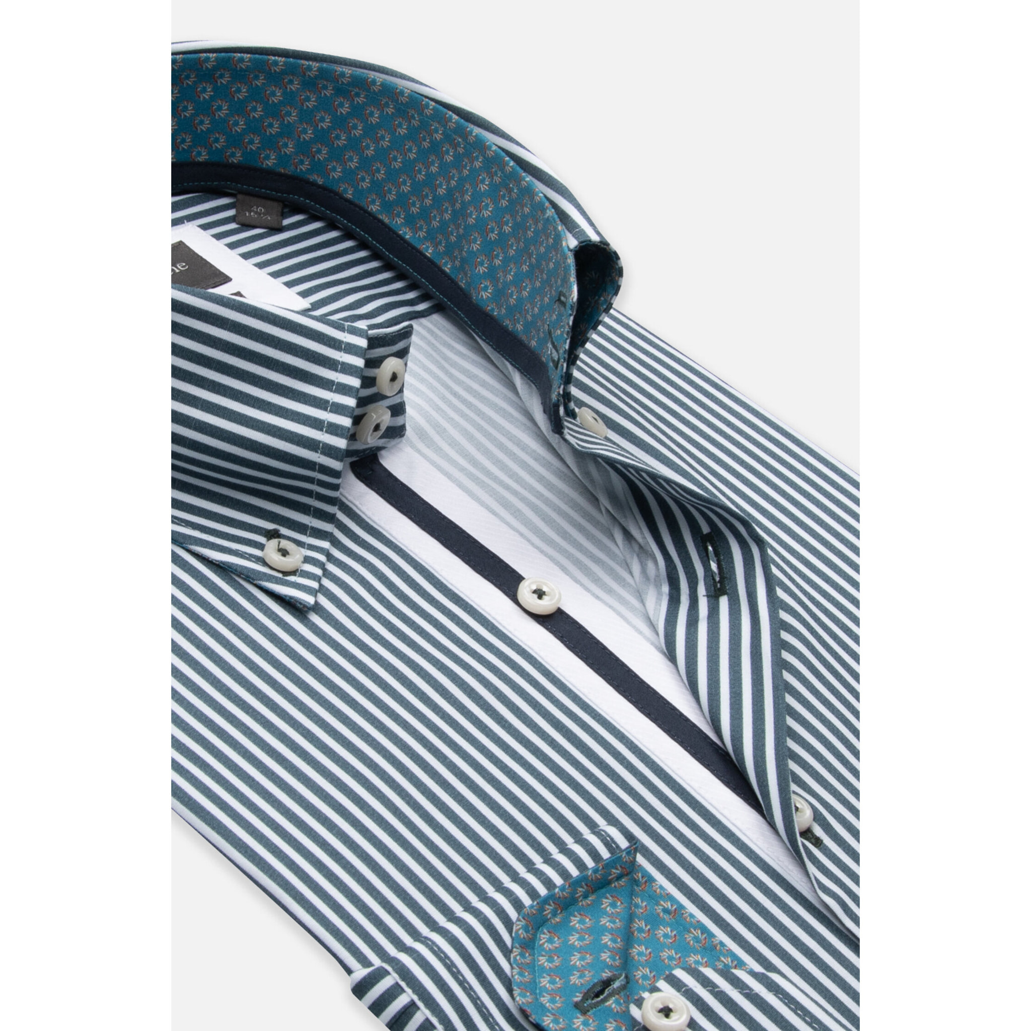 Camicia Uomo 2 Bottoni Button Down Slim Popeline Stretch Riga Media Bianco Verde Ottanio