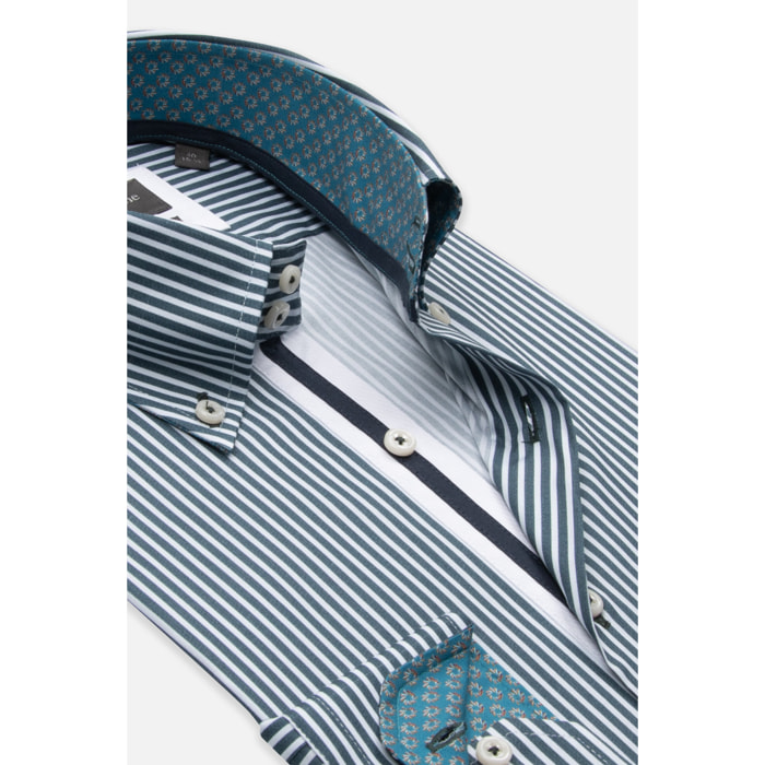 Camicia Uomo 2 Bottoni Button Down Slim Popeline Stretch Riga Media Bianco Verde Ottanio