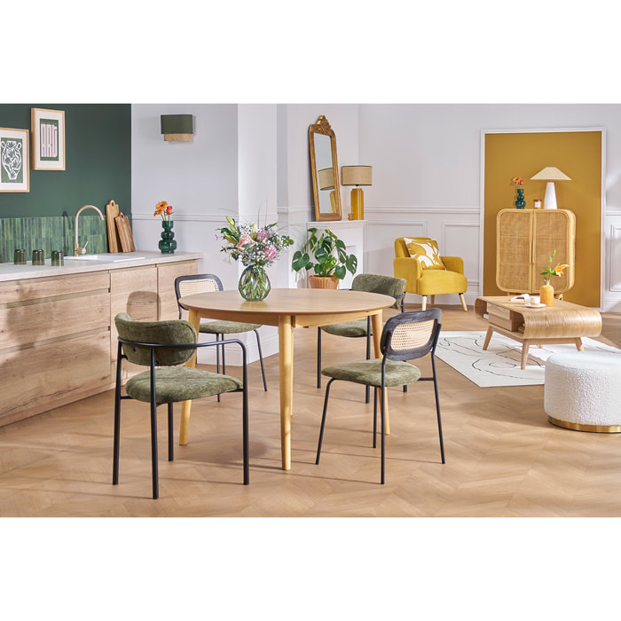 Chaises design en tissu effet velours texturé vert kaki, métal noir et cannage rotin (lot de 2) MIRANDA