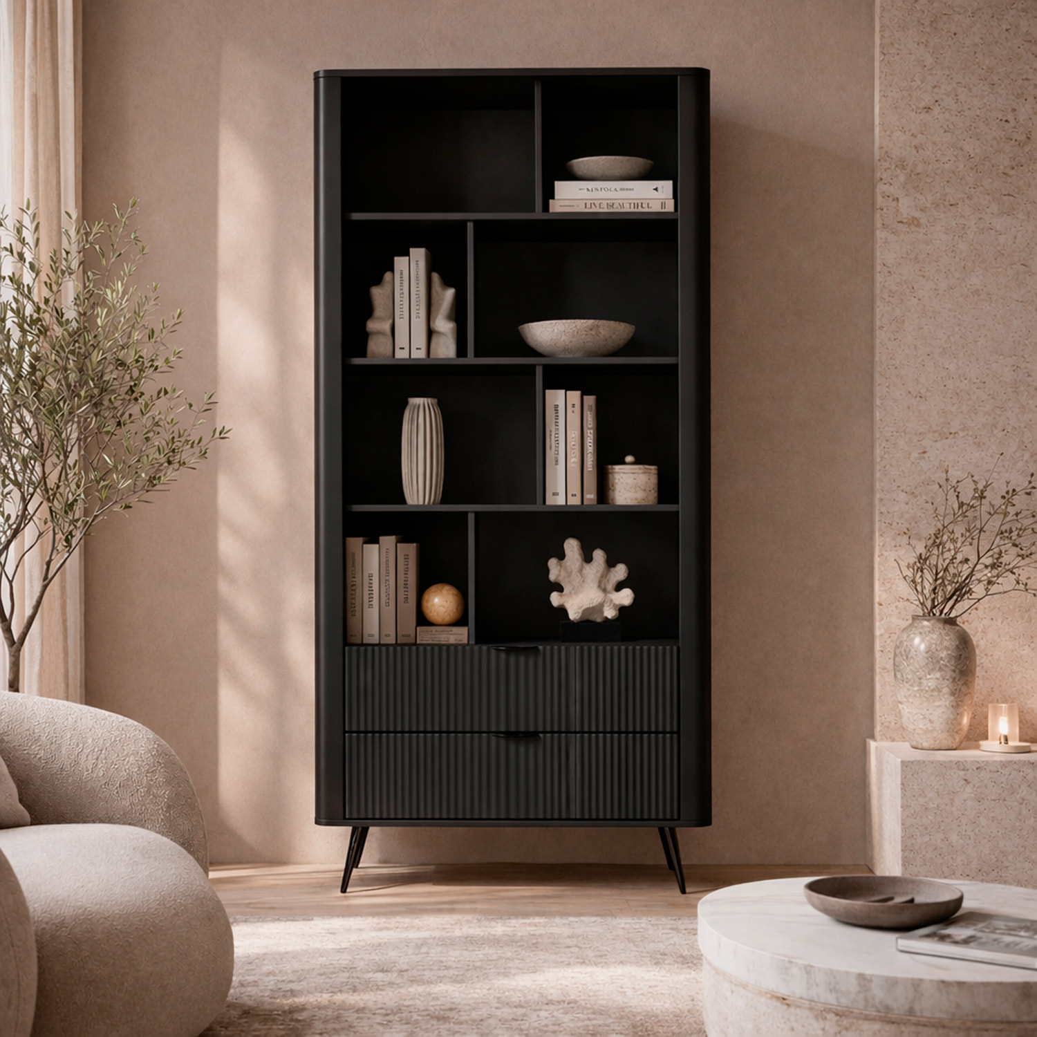 Libreria Moderna a Giorno Con Design Geometrico Asimmetrico Salvaspazio Studio E Ufficio 88.2 x 38 x 193,8 cm Nero