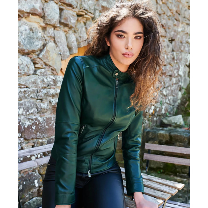 Giacca biker in pelle naturale verde effetto liscio