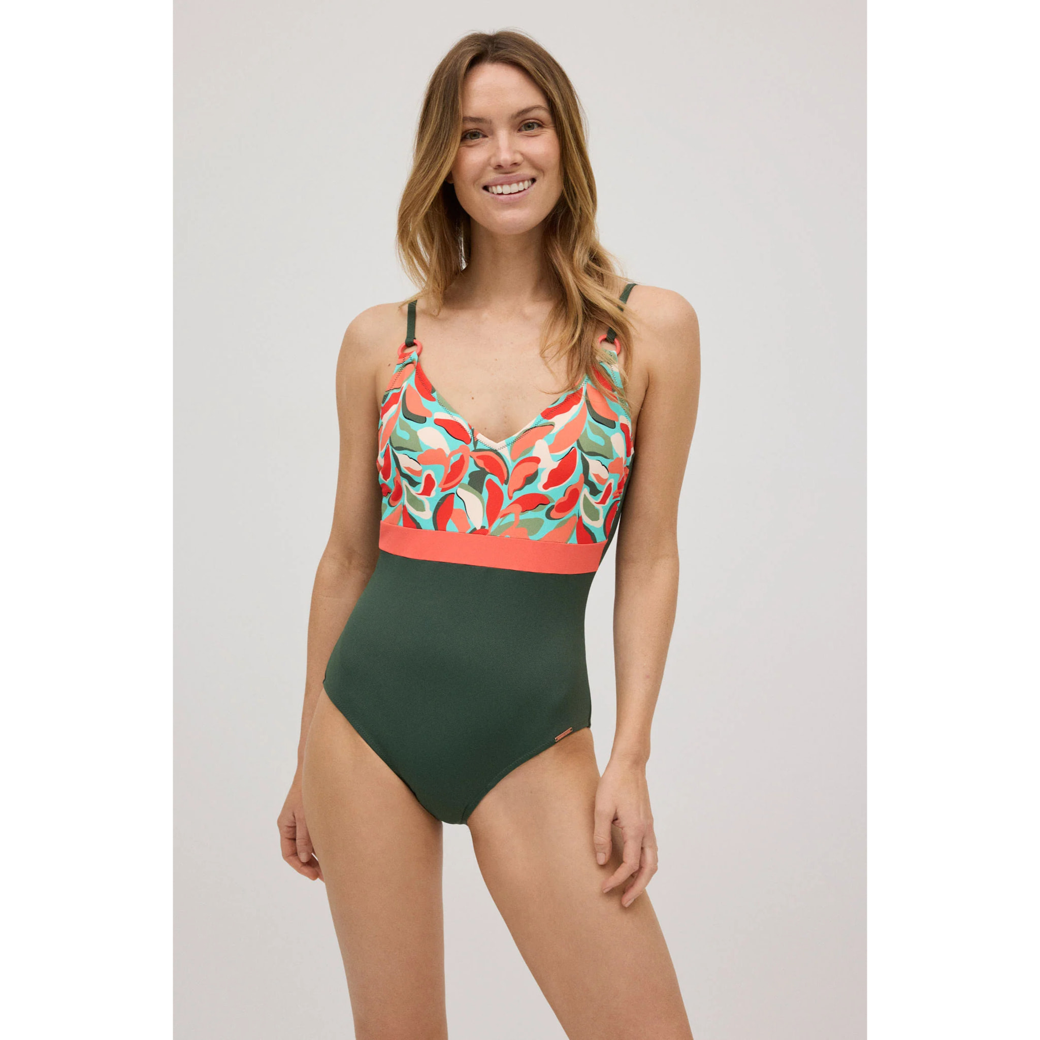 Costume modellante in micropiqué con stampa tropicale