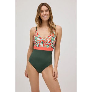 Costume modellante in micropiqué con stampa tropicale