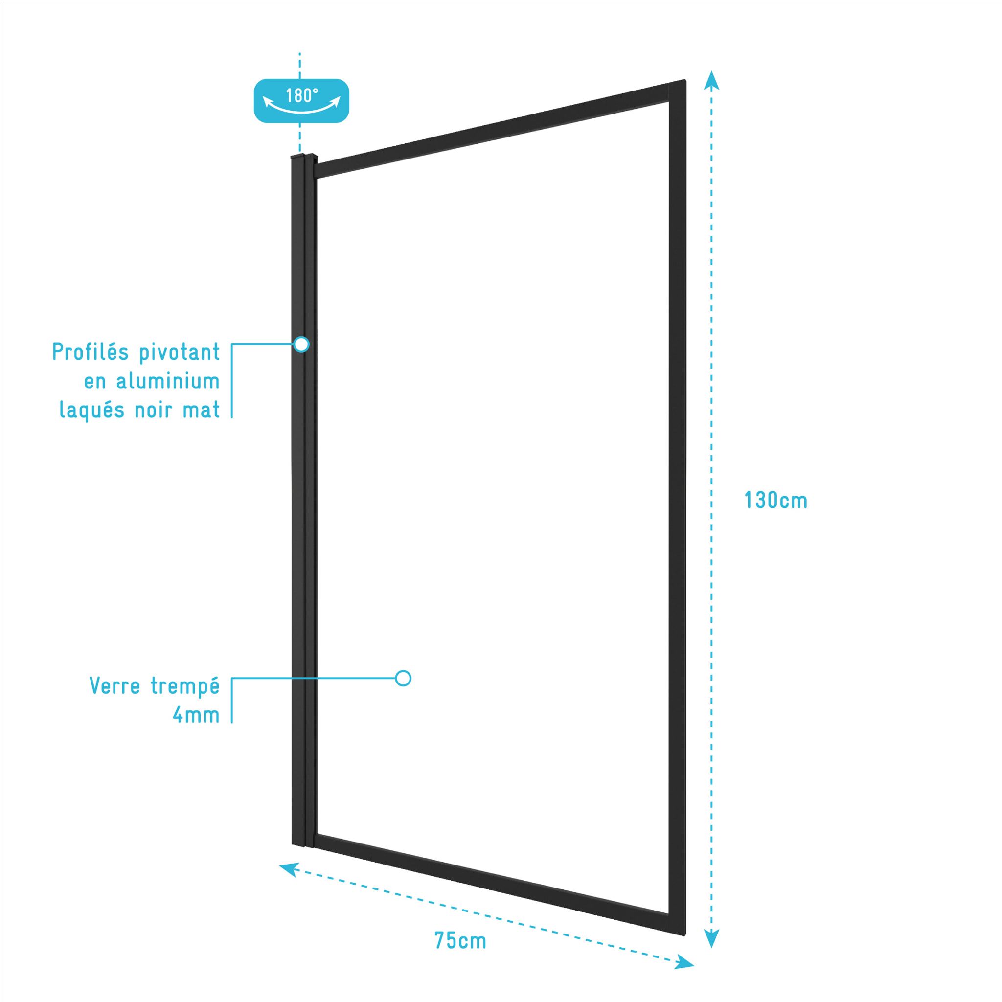 Pare baignoire rabattable 75x130cm - Finition Noir Mat - DARK CONTOURING SCREEN