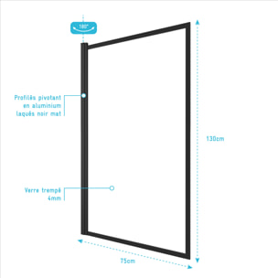 Pare baignoire rabattable 75x130cm - Finition Noir Mat - DARK CONTOURING SCREEN