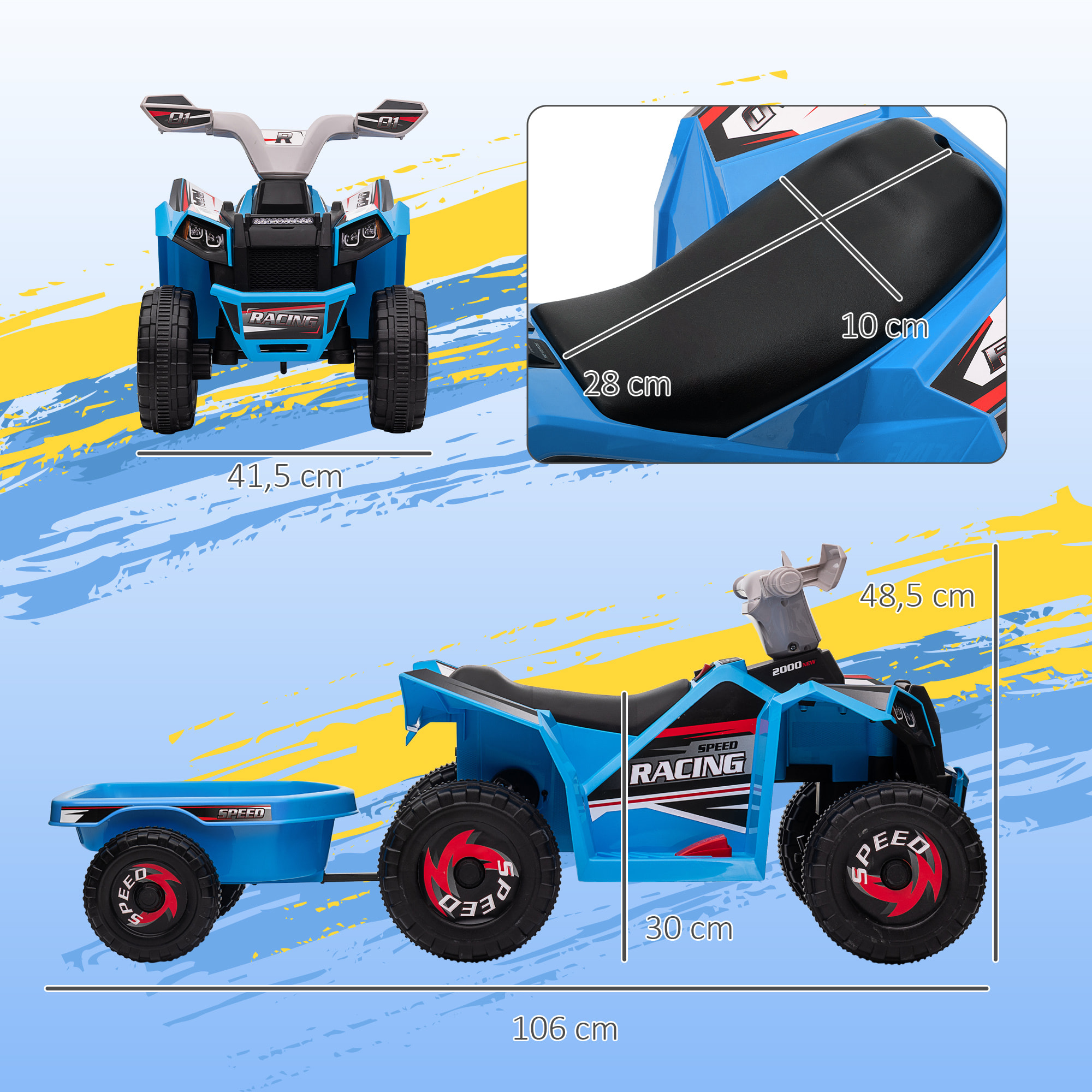 Quad Eléctrico para Niños con Remolque a Batería 6V, Quad para Niños de 18-36 Meses con Velocidad 2,5 km/h, 6 Ruedas y Manillar Antideslizante, 106x41,5x48,5 cm, Azul