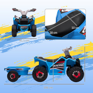 Quad Eléctrico para Niños con Remolque a Batería 6V, Quad para Niños de 18-36 Meses con Velocidad 2,5 km/h, 6 Ruedas y Manillar Antideslizante, 106x41,5x48,5 cm, Azul