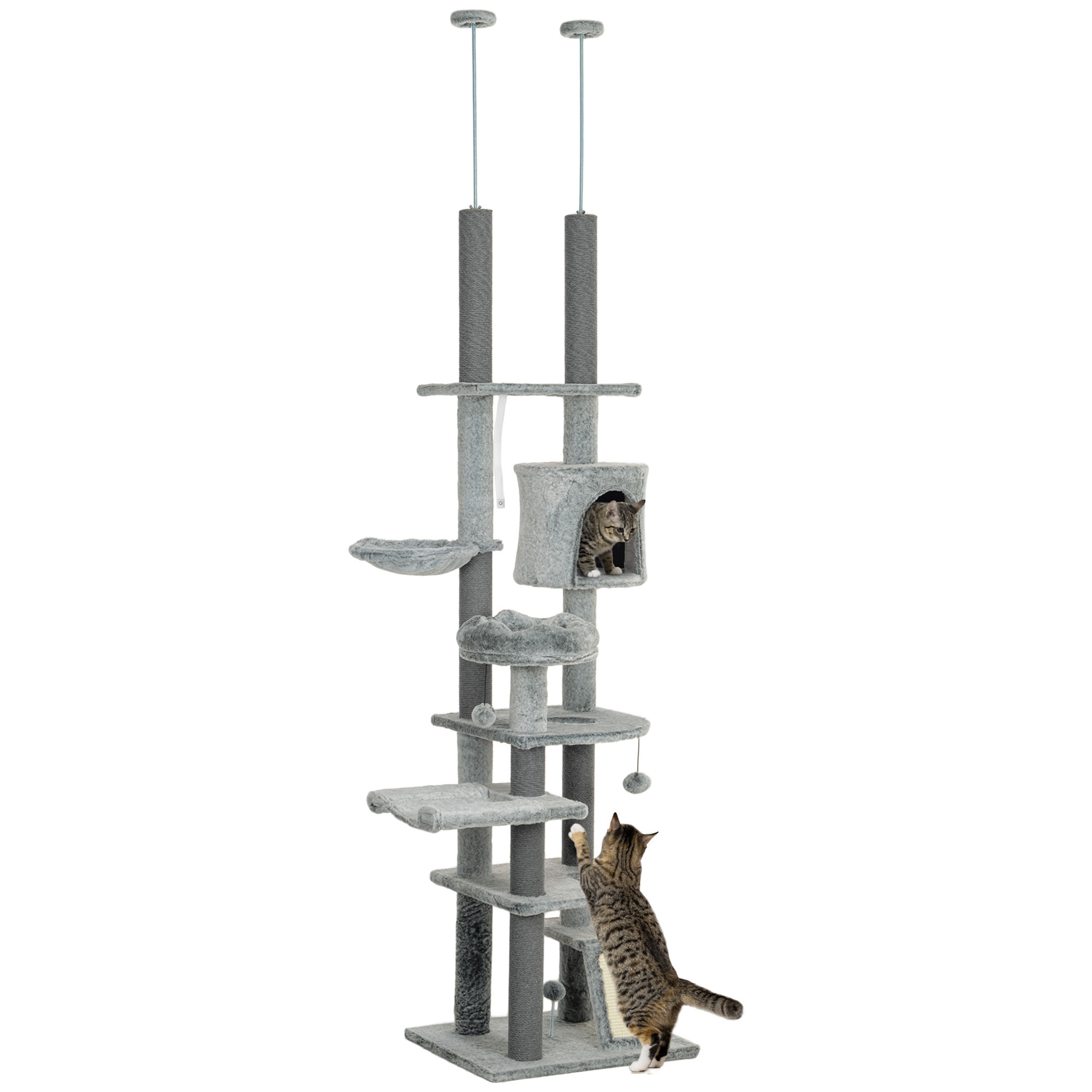 Árbol para Gatos de Suelo a Techo de 225-255 cm Árbol Rascador para Gatos con Altura Ajustable Plataformas Cueva Cama Hamaca Rampa Bolas Juguetes Gris