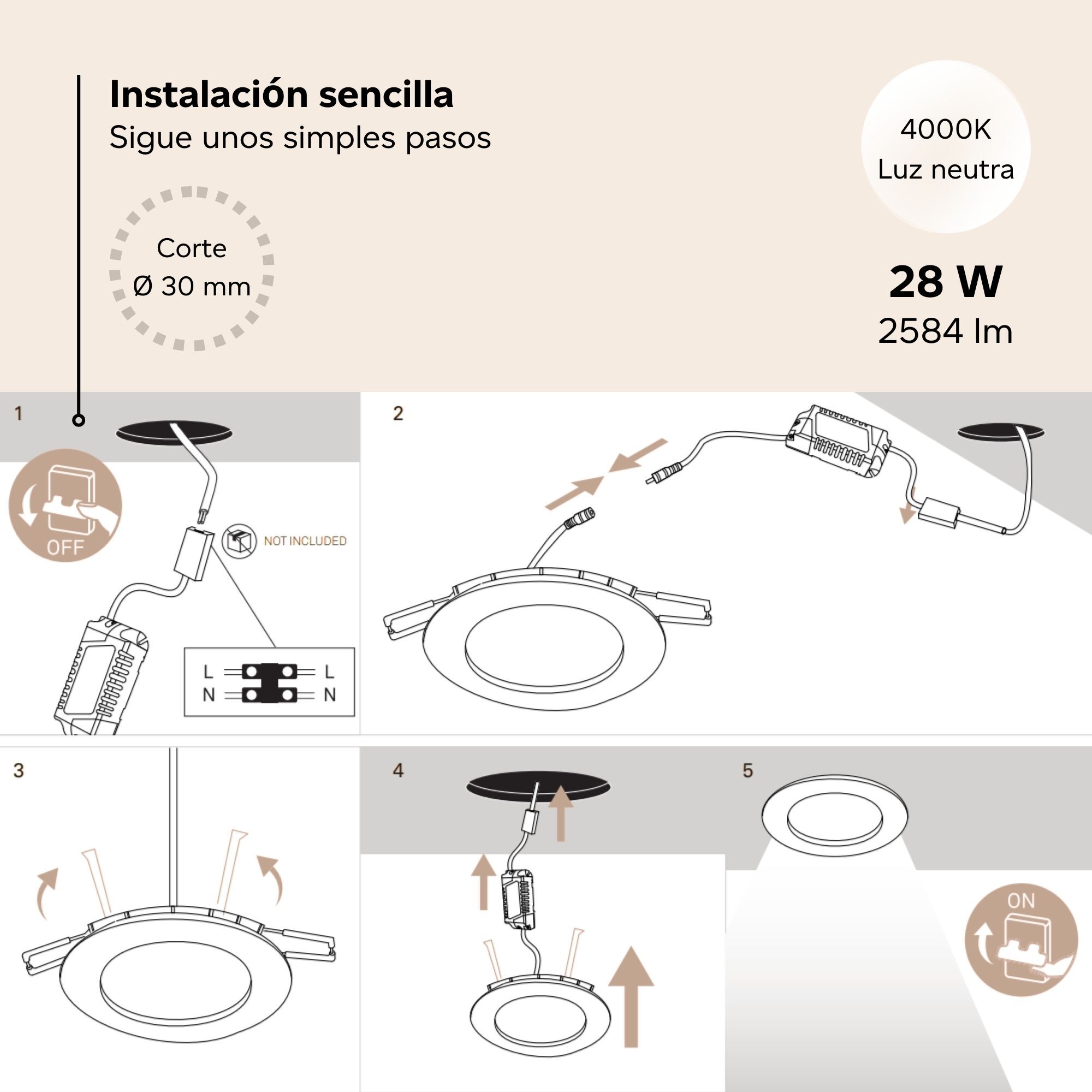 Easy Circular - 5 Downlights con LED integrado 6000K para iluminar hacia abajo ON/OFF ø30cm Color Blanco