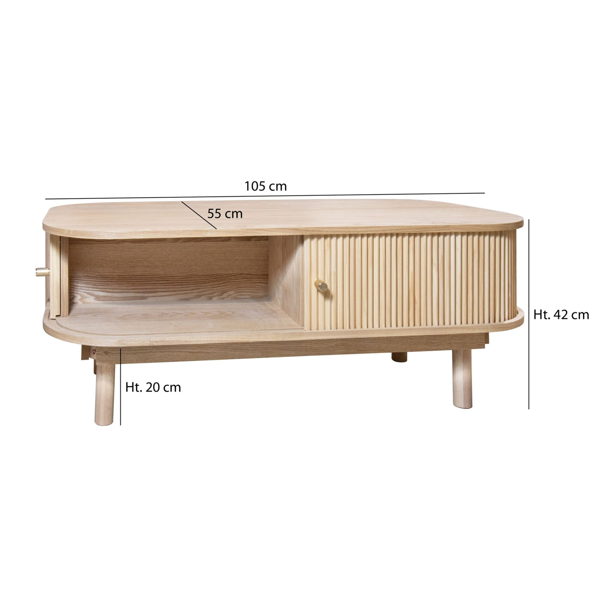 Table basse ovale en bois de pin et portes coulissantes 105cm HECTOR