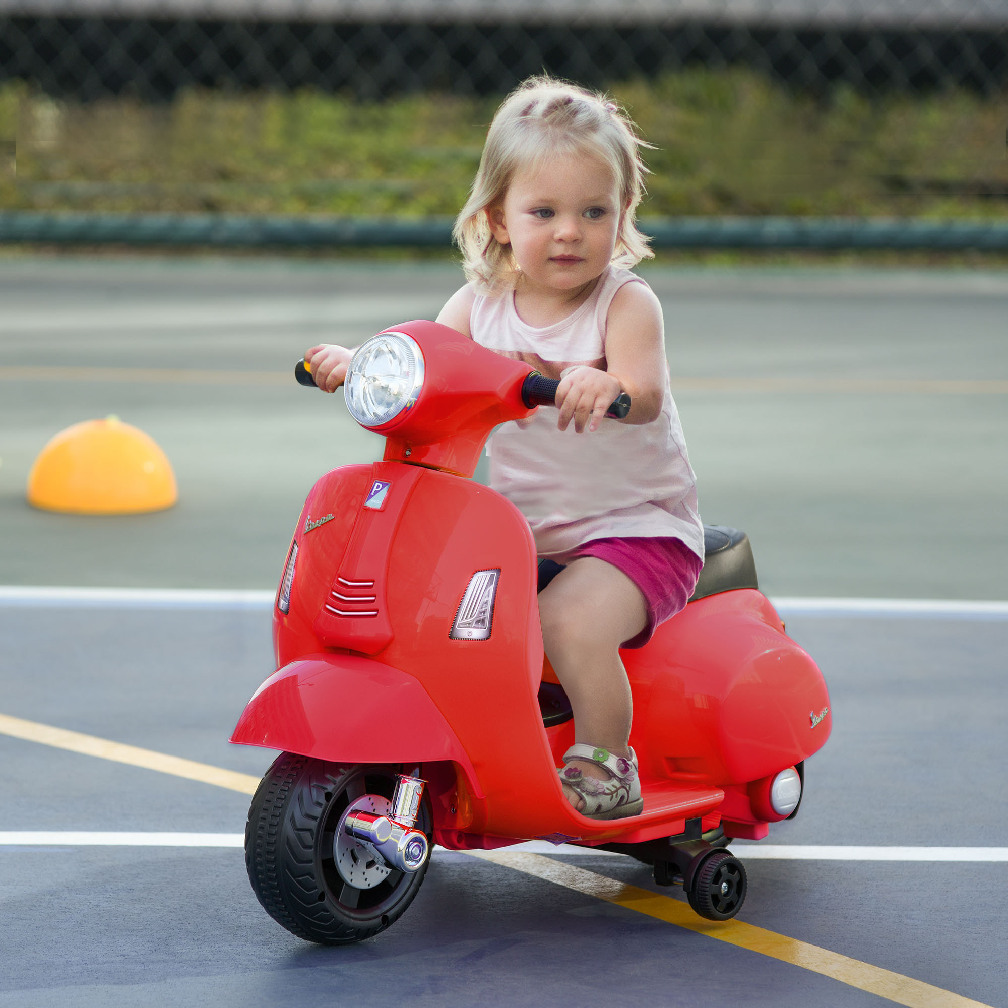 Moto Eléctrica Vespa para Niños 18-36 Meses con Faro Bocina y 4 Ruedas Rojo