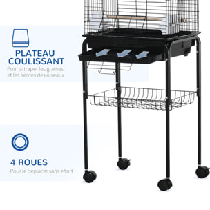 PawHut Cage à oiseaux volière amovible sur roulettes - toit ouvrant, tiroir déjection, 2 perchoirs, 2 trappes, porte, 2 mangeoires, 2 poignées - étagère - acier PP noir