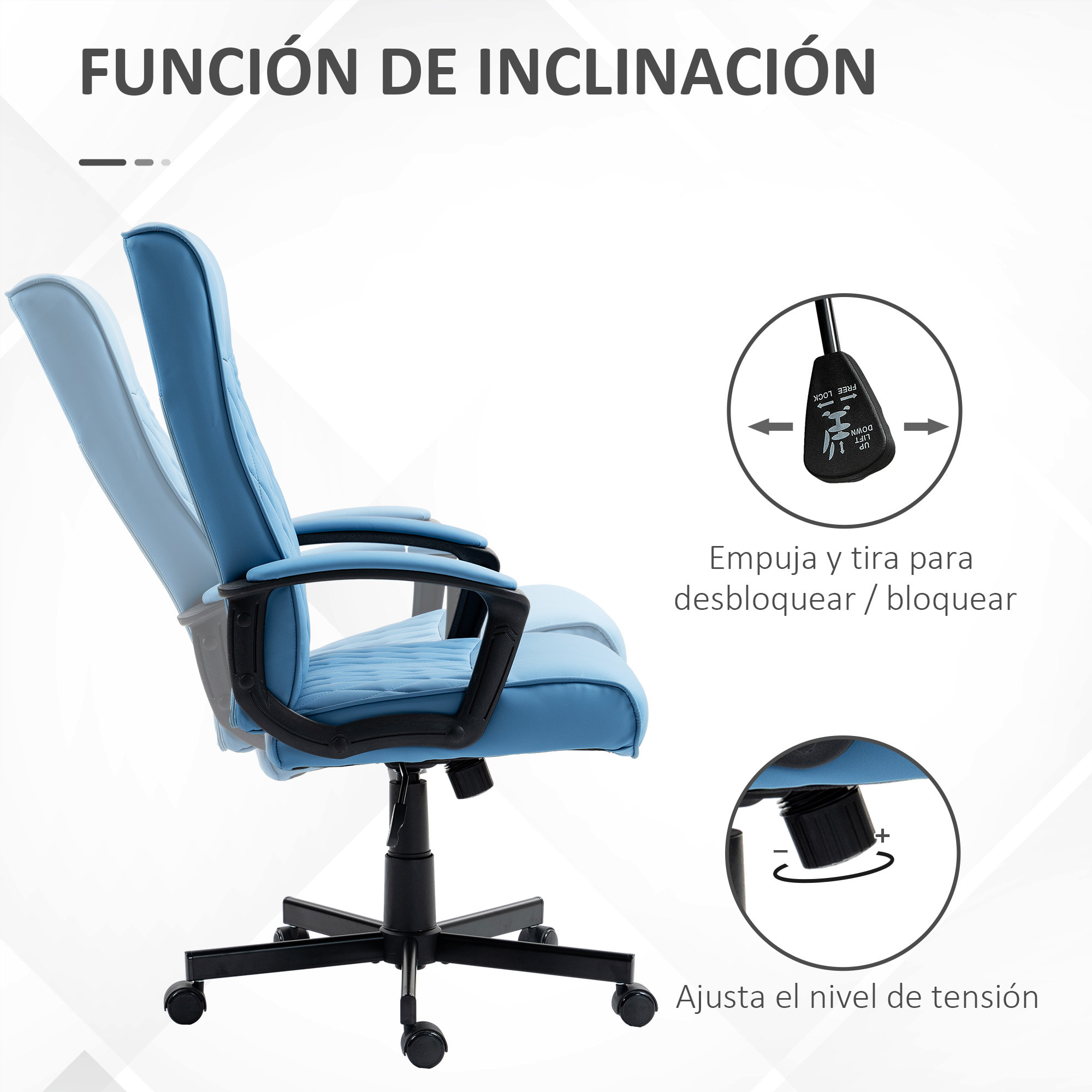 Silla de Oficina Giratoria Silla de Escritorio Basculante Tapizado en PU con Respaldo Alto y Altura Ajustable para Salón Oficina Carga 120 kg 65x72x102-112,5 cm Azul