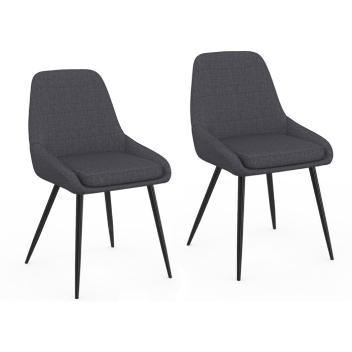 Chaises Ornella tissu gris foncé pieds métal noirs - lot de 2