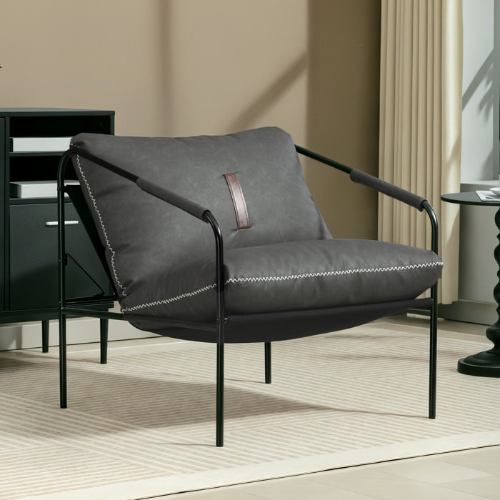 Butaca de Salón Moderna, Sillón de Lectura Tapizado en Cuero Sintético, Fundas de Cojines Extraíbles, Acolchado Grueso, Patas de Metal, para Dormitorio, Oficina, Gris Carbón