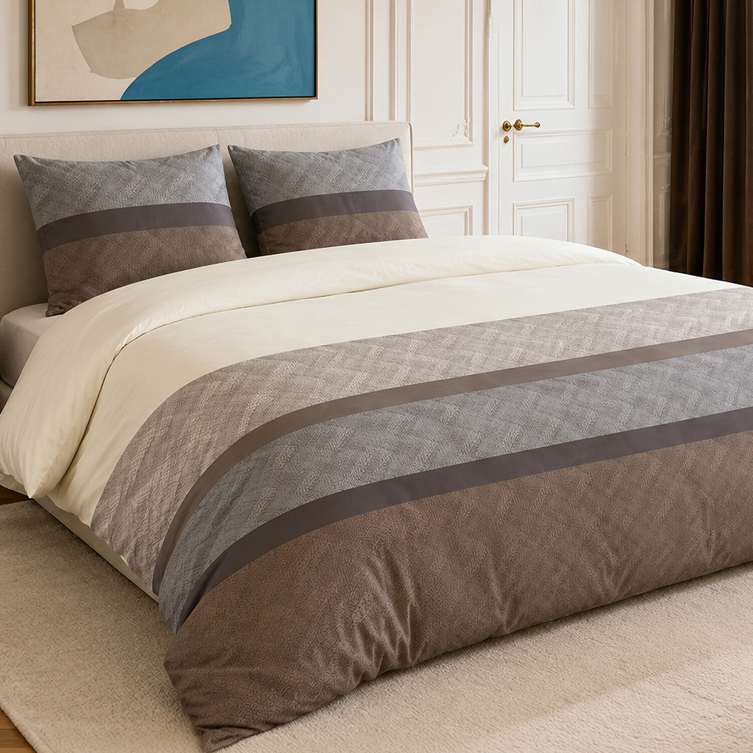 Parure housse de couette 100% percale de coton rayures larges horizontales - TERIX