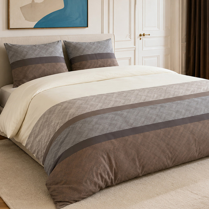 Parure housse de couette 100% percale de coton rayures larges horizontales - TERIX