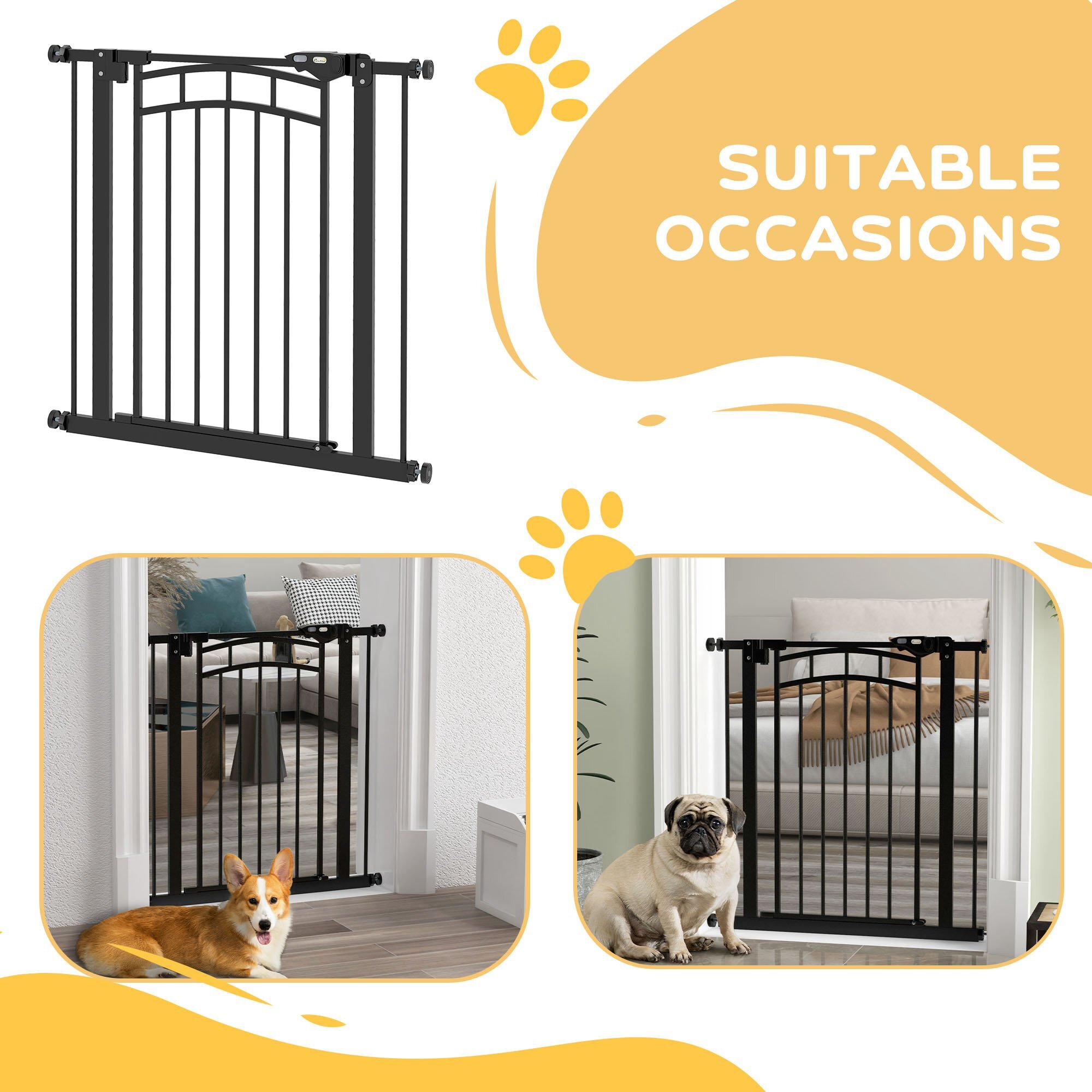 Barrière de sécurité pour chien extensible 74-80 cm, double verrouillage, fermeture automatique, barrière d'escalier à fixation par pression sans percer, hauteur 76 cm, noir