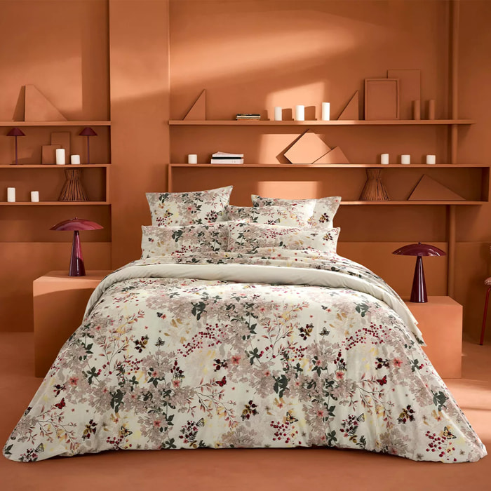 Lot h.couette +taies percale de coton lavé 115 g/m² imprimé beige bordeaux Vintage flowers cranberry
