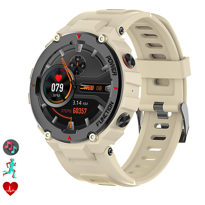 Smartwatch F26 outdoor. Sumergible 30 m, resistencia a temperaturas extremas. Reproductor musical y memoria interna, 10 modos deportivos.