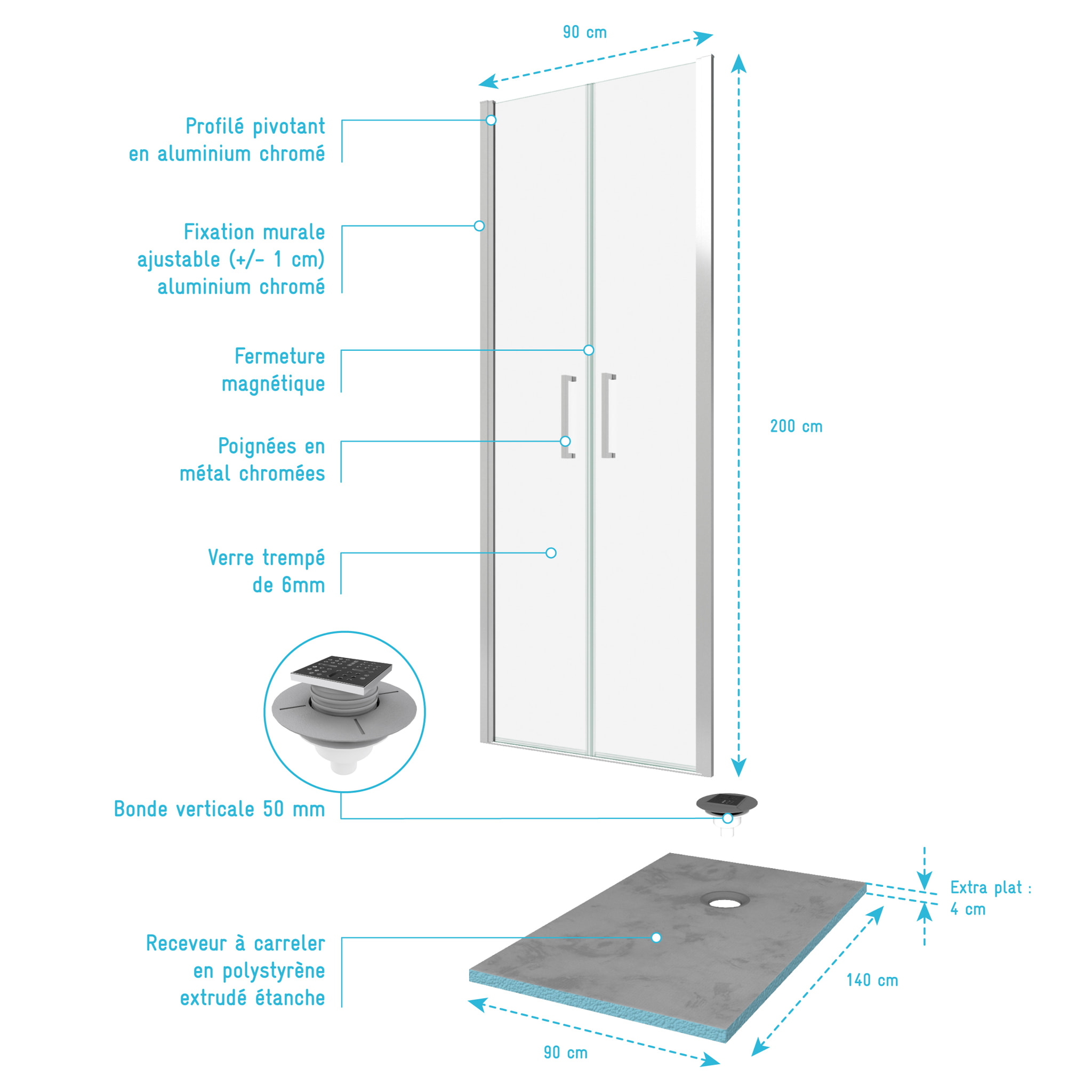 Pack Paroi de douche 90x200 cm + RECEVEUR DE DOUCHE A CARRELER 90x140 RECOUPABLE