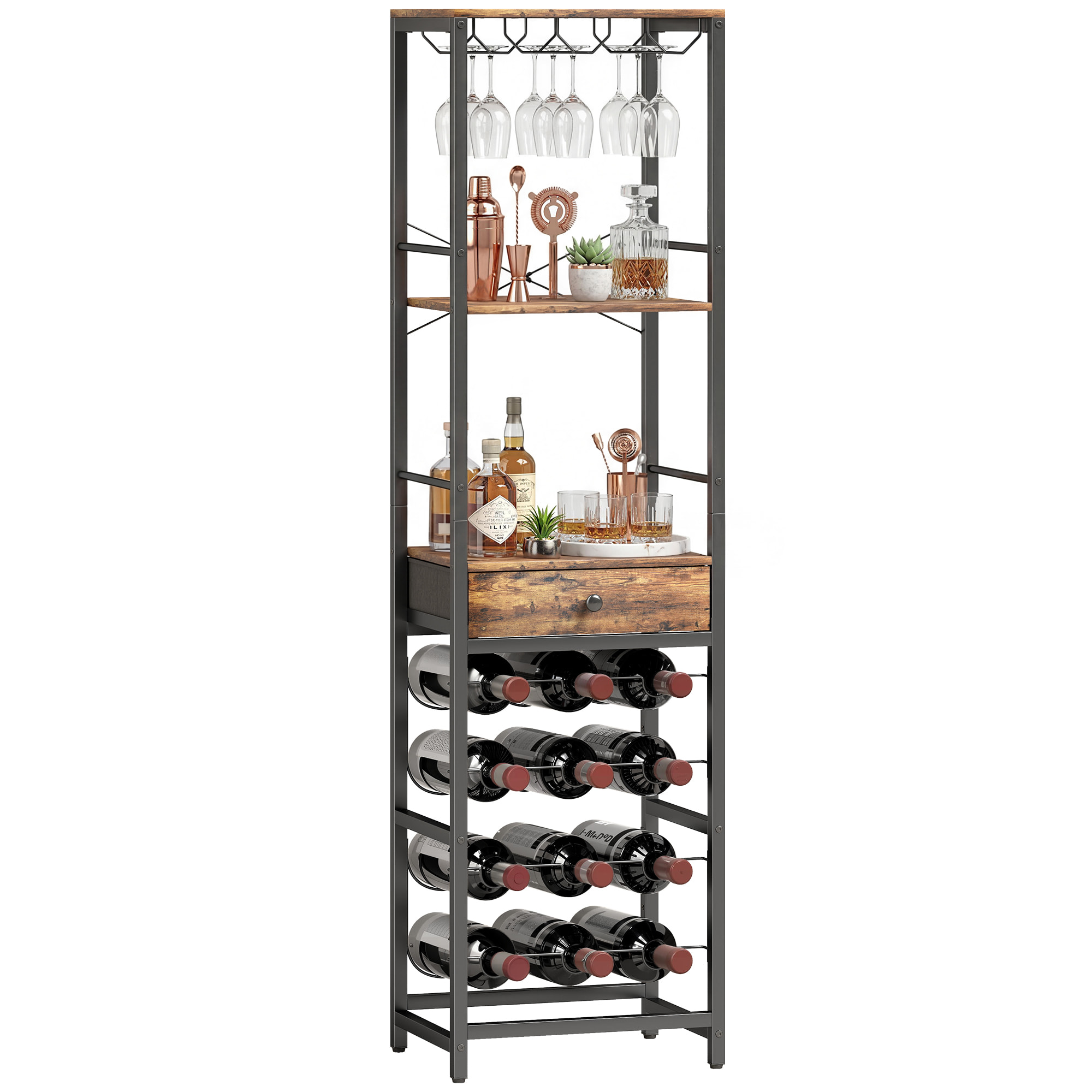 Mueble de Bar para Vinos con Soporte de Copas y Cajón, Botellero para 12 Botellas, con Estante Abierto, Estilo Industrial, para Cocina, Comedor, Bar, 40x30x148 cm, Marrón Rústico