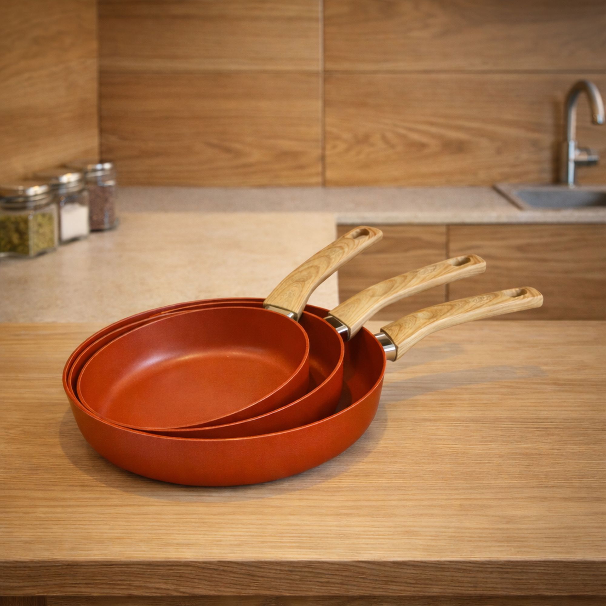 Lot de 3 poêles en aluminium recyclé brique - tous feux COLORAMA