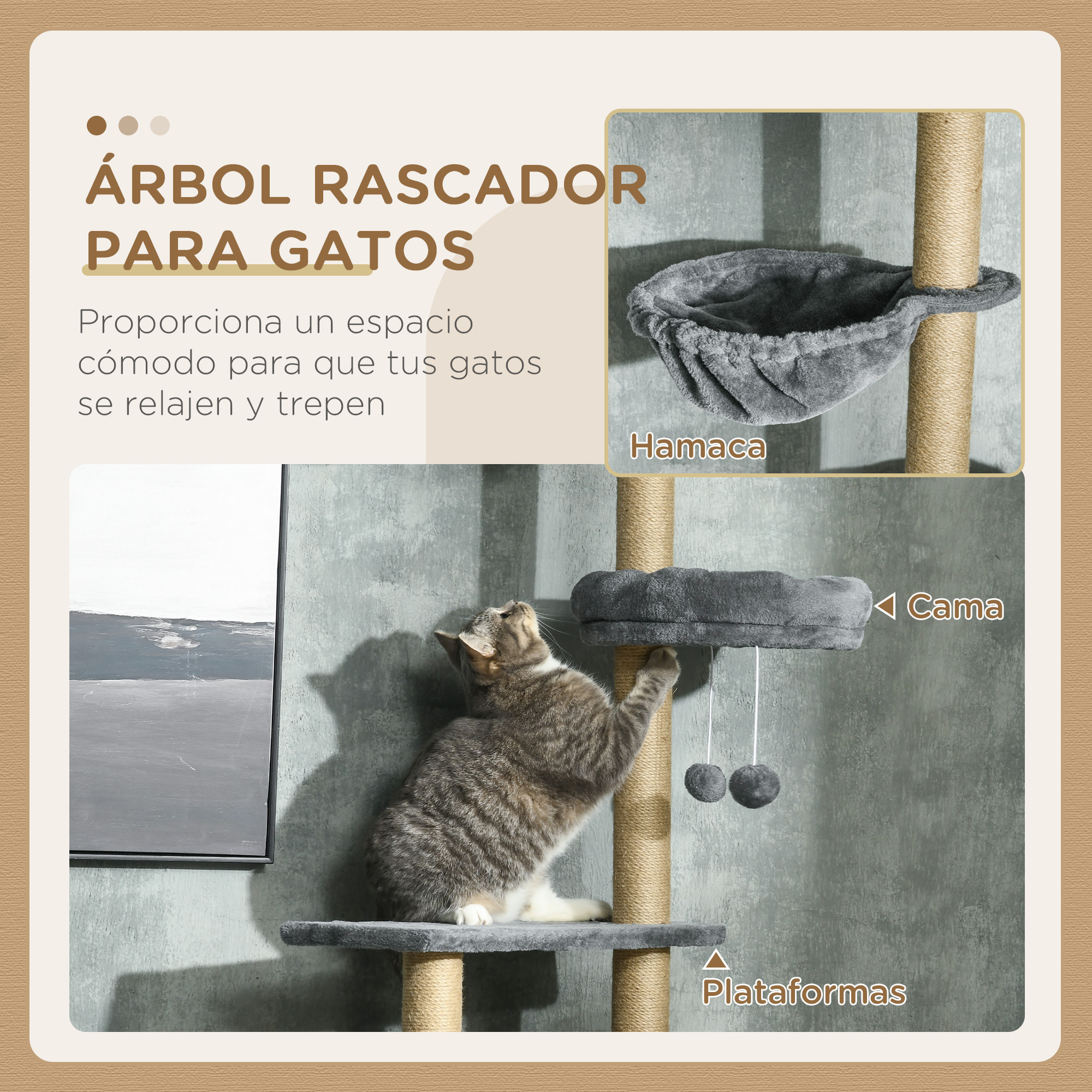 Árbol para Gatos de Suelo a Techo de 230-250 cm Árbol Rascador para Gatos con Altura Ajustable Múltiples Plataformas Cestos Hamaca Bolas Colgantes Gris