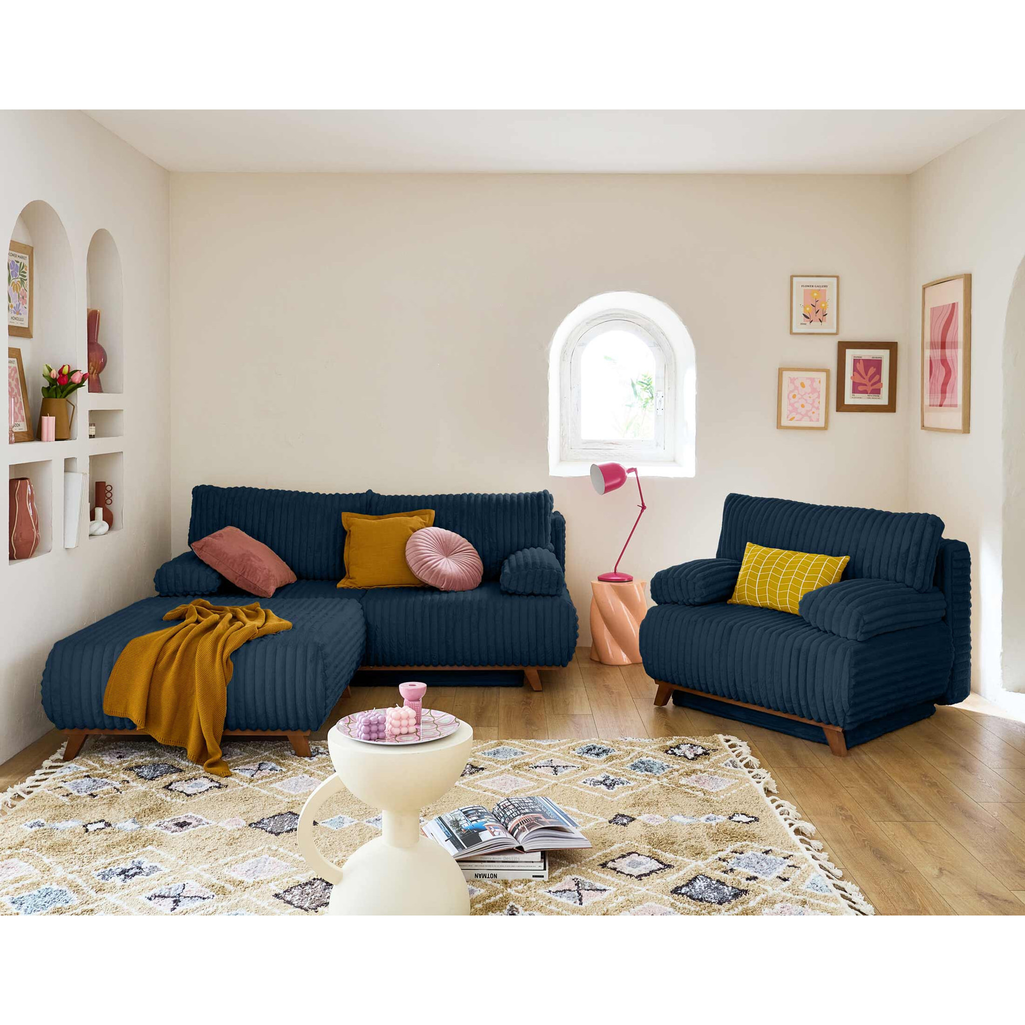 Cristal - pouf modulable - 95 cm - en fausse fourrure côtelée - Bleu