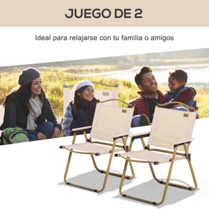 Pack de 2 Sillas Plegable de Camping, Sillas de Camping Portátil con Reposabrazos y Estructura de Acero, Silla para Pesca, Jardín, Terraza, Caqui