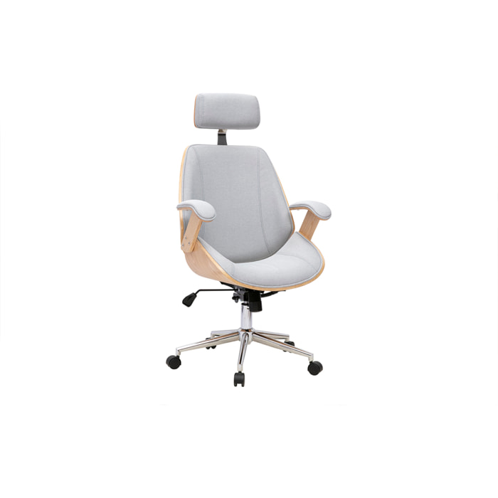Fauteuil de bureau de direction design en tissu gris, bois clair et acier chromé MUSK