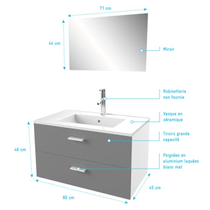 Meuble salle de bain 80 cm suspendu 2 tiroirs Gris avec vasque et miroir - BOX-IN