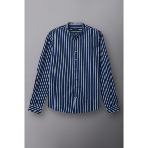 Camicia Uomo Coreano Slim Popeline Riga Larga Blu\Bianco