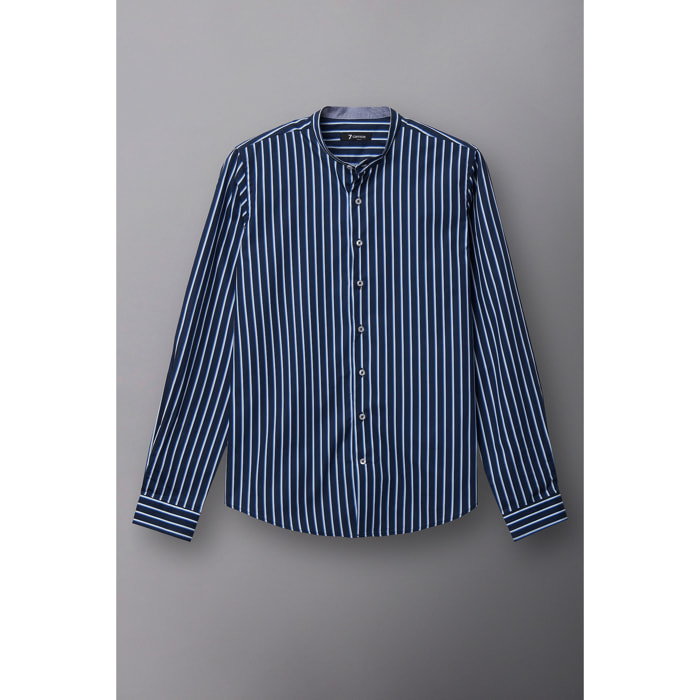 Camicia Uomo Coreano Slim Popeline Riga Larga Blu\Bianco