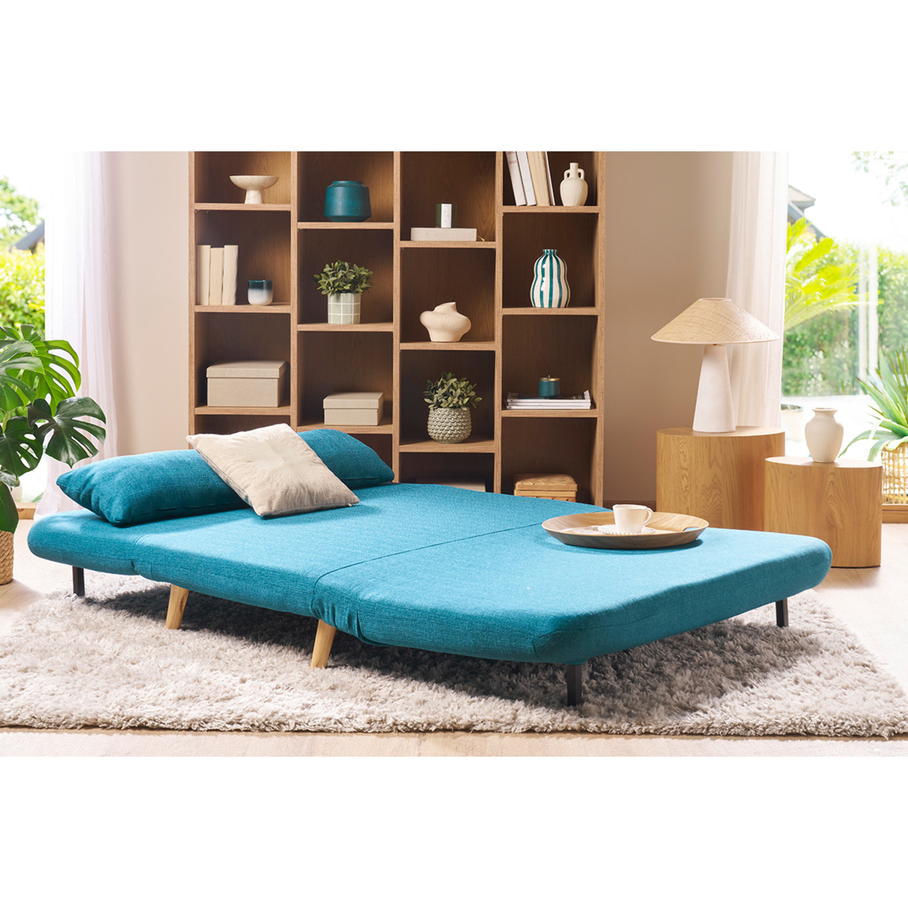 Chauffeuse 2 places convertible en tissu bleu canard et bois clair AMIKO