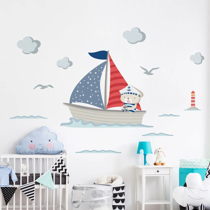 Sticker mural - Ambiance Sticker - OURSON CAPITAINE DE BATEAU - 100x120cm