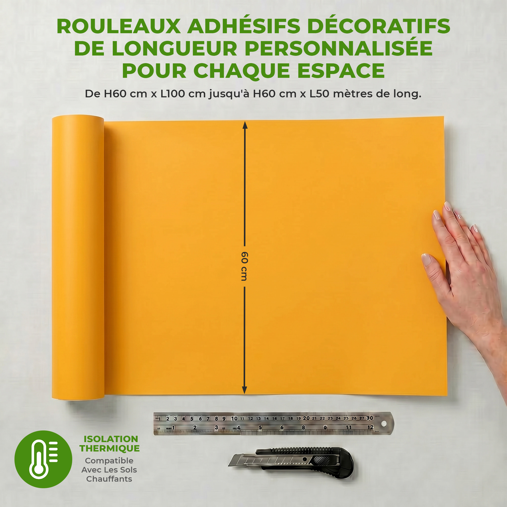 Rouleau adhésif décoratif Vinyle au Mètre - Jaune moutarde - Sticker Lavable Imperméable Mur Cuisine Meubles