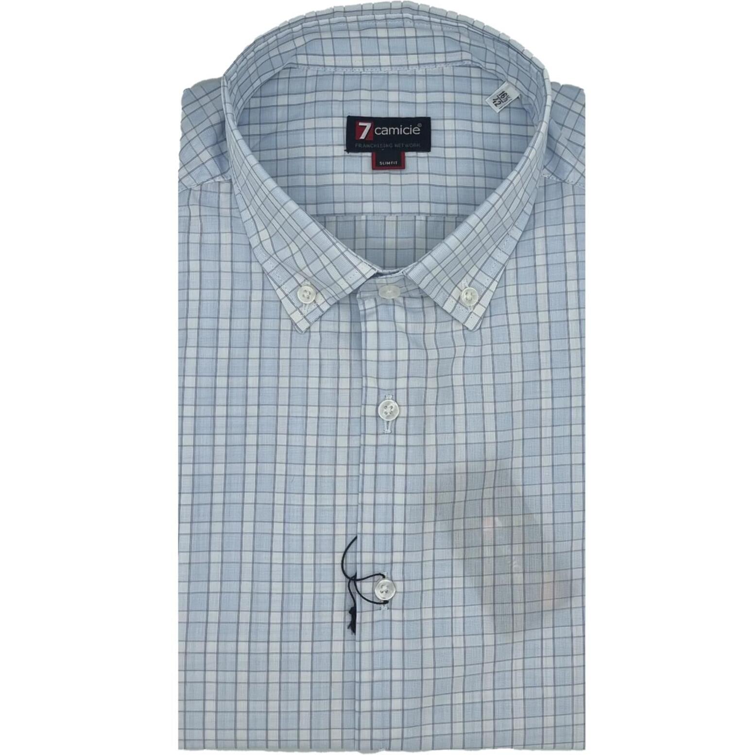 Camicia Uomo 1 Bottone Button Down Slim Popeline Quadro Medio Celeste/Bianco
