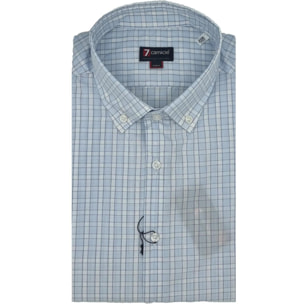 Camicia Uomo 1 Bottone Button Down Slim Popeline Quadro Medio Celeste/Bianco