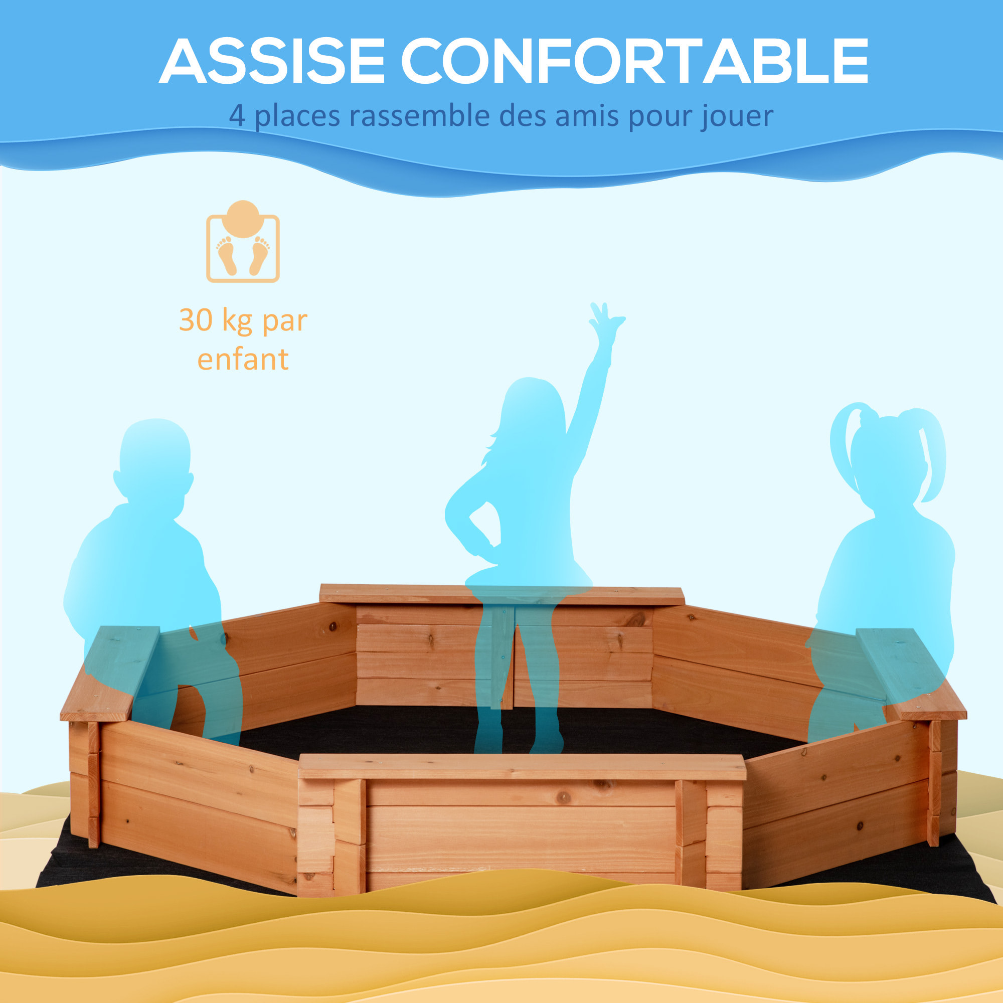 Bac à sable bois octogonal dim. 139,5L x 139,5l x 21,5H cm - 4 bancs - bâche de couverture, non tissé de sol inclus - bois sapin pré-huilé