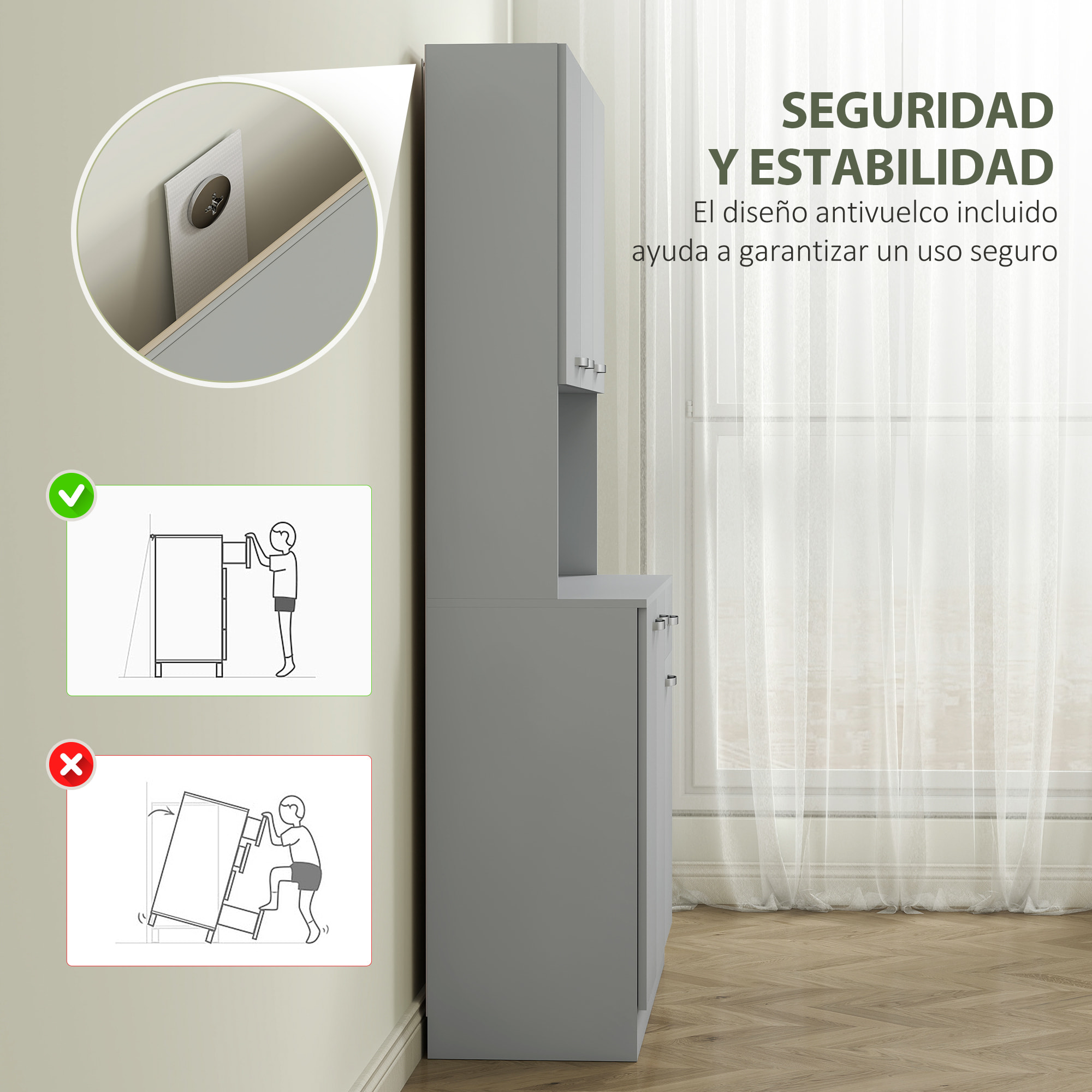 Alacena de Cocina Mueble Auxiliar de Cocina Alta con 6 Puertas Cajón Encimera Abierta y Estantes Ajustables Estilo Moderno Gris 101x39x180 cm