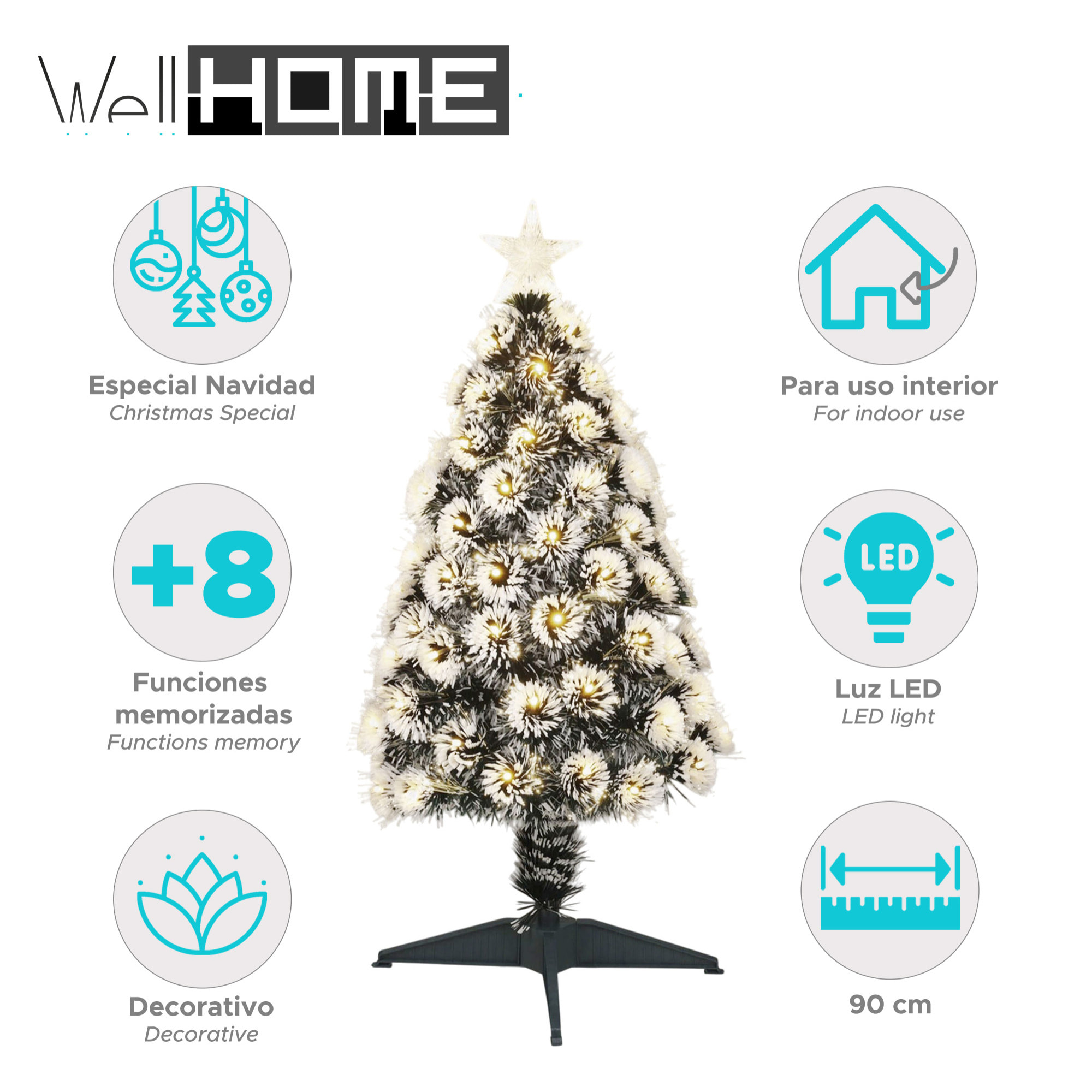 Árbol de navidad de fibra óptica con 95 luces led blanco cálido y 8 funciones de color h.90cm