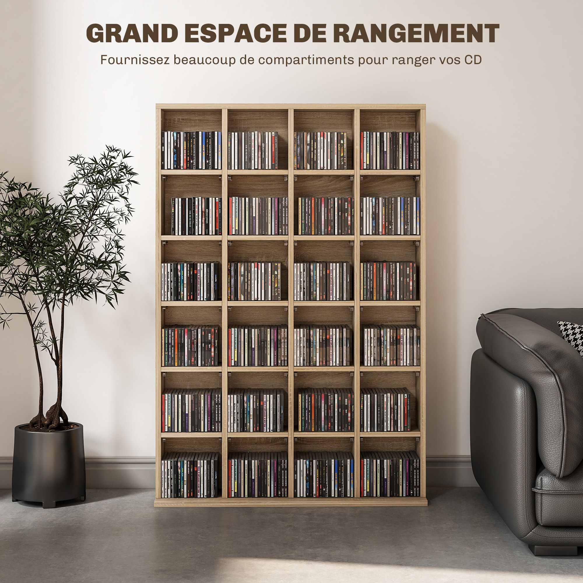 Étagère rangement CD/DVD meuble de rangement pour 480 CDs 24 compartiments réglables en hauteur 89 x 20 x 130 cm naturel